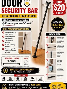 Door Security Bar - Black - Extra Home Protection